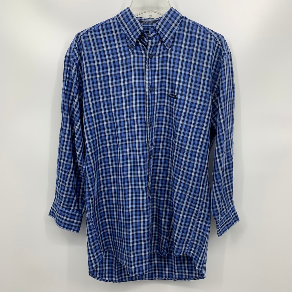 Faconnable Mens S Gingham Check Shirt Blue Plaid Cotton Long Sleeve Vintage